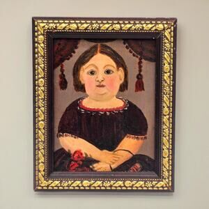 Vintage Folk Art Girl Portrait Mini Framed Decor